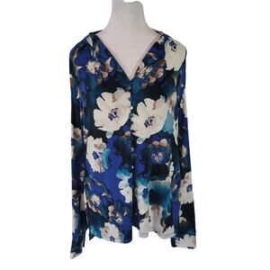 Calvin Klein Size L Night Garden‎ In Bloom Blue Blouse Notched V-Neck Popover